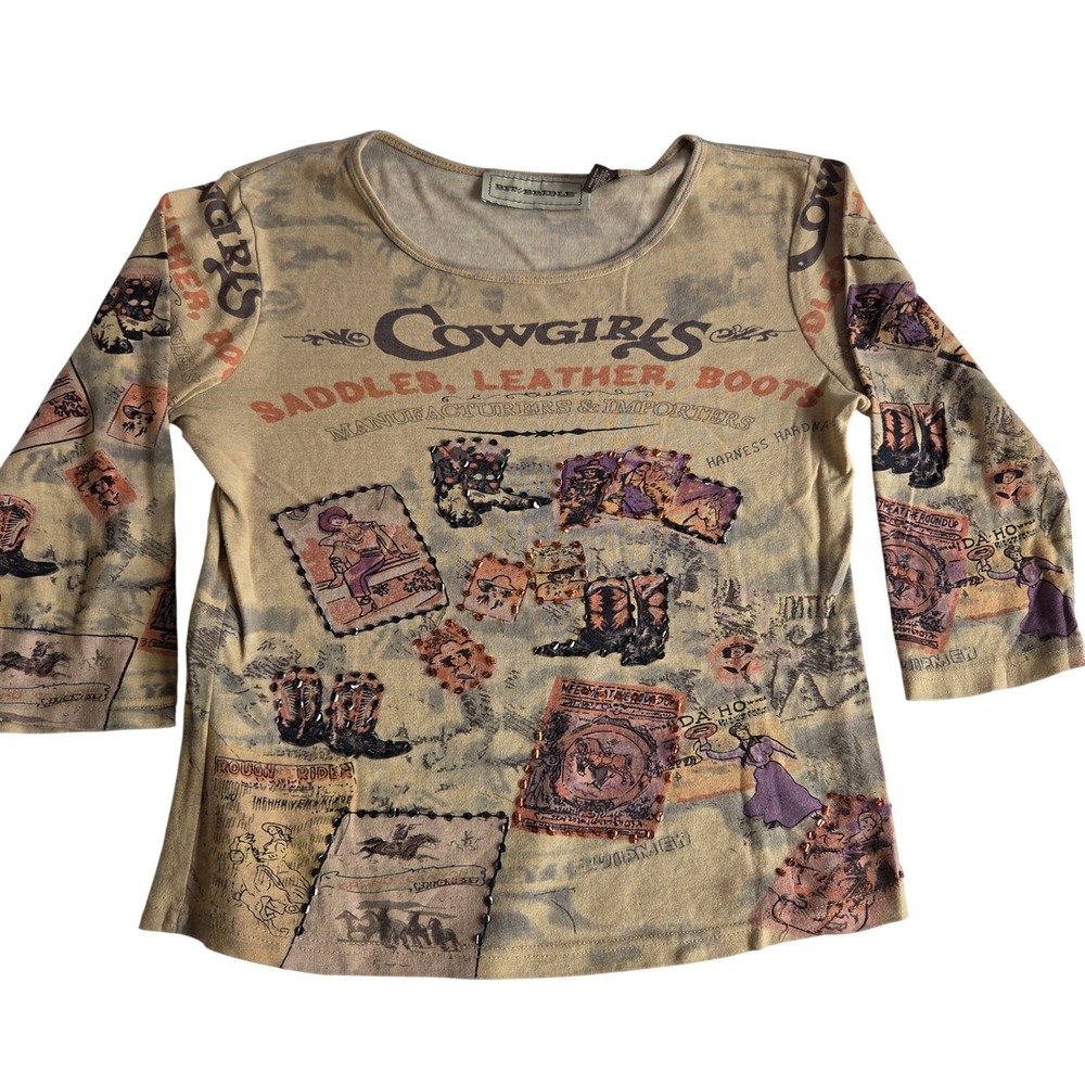 Bit & Bridle Cowgirl Graphic Print Beaded Top Tan Maximalist Western Medium